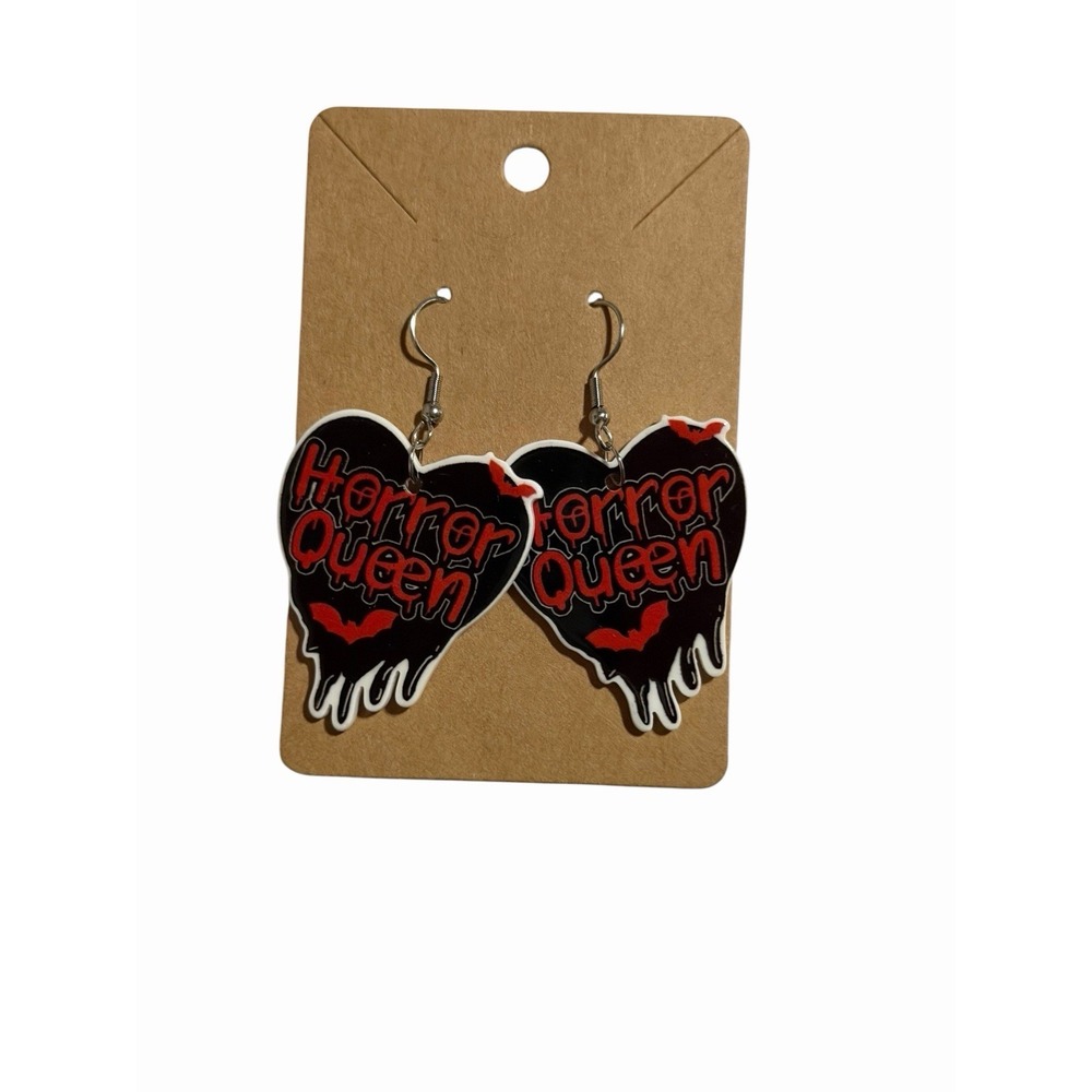 Horror Queen Heart Drip‎ Earrings Black Red Bat Spooky Goth Halloween Jewelry